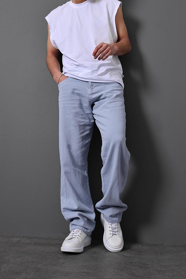 Slatra-Men's Light Blue Baggy Gabardine Fabric Trousers 1