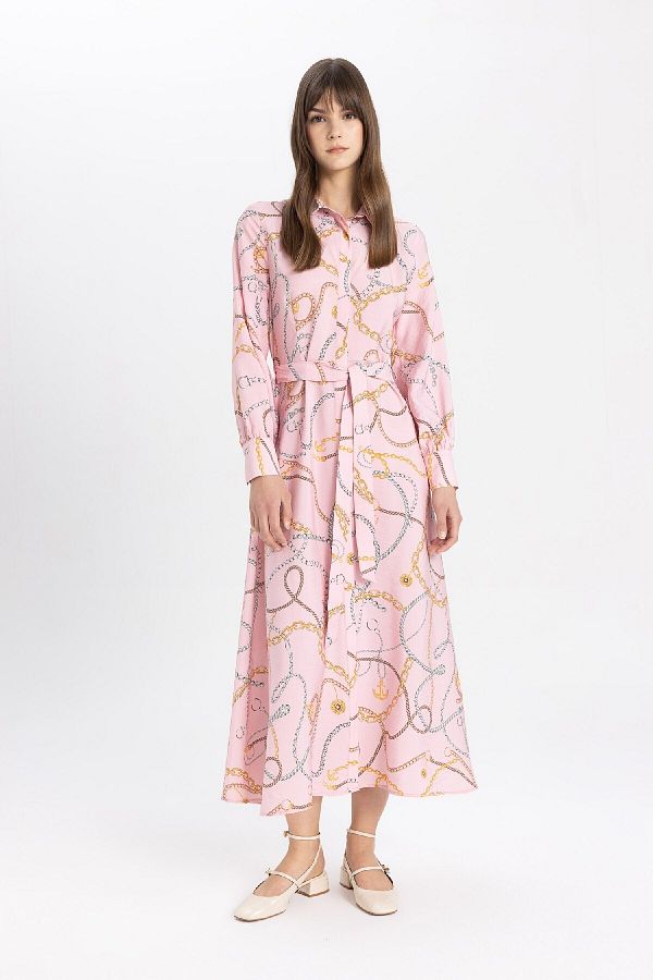 DeFacto-Gemustertes Basic-Kleid mit Hemdkragen und langen Ärmeln C5622ax24sp 1