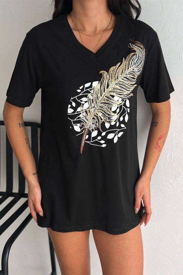 FEMELLE-Women's Black V-Neck Plus Size Feather Pattern Sequin Sequin Embroidered 100% Cotton T-Shirt 1