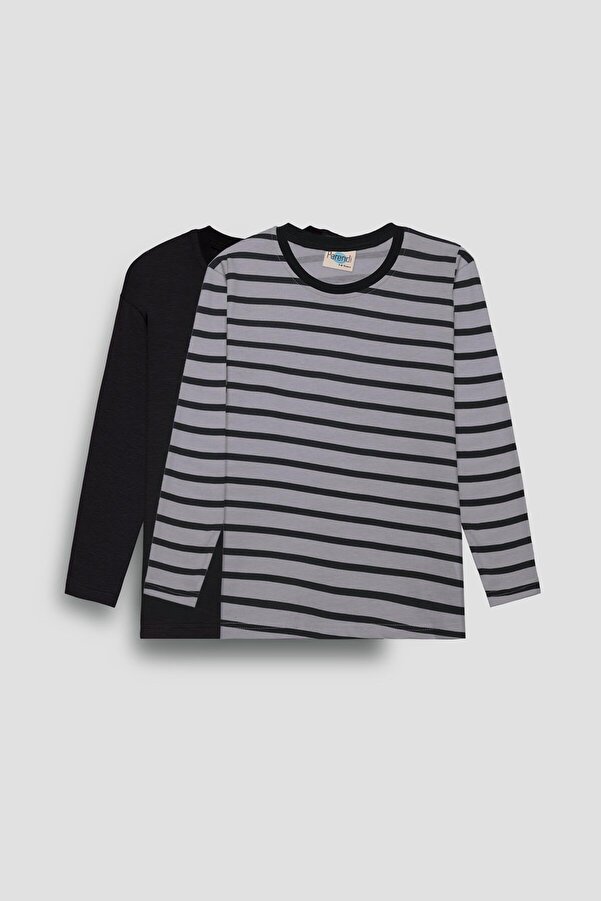 Perendi 2'li Bisiklet Yaka Uzun Kollu Çizgili Ve Düz Unisex Çocuk Tshirt Siyah Gri-siyah