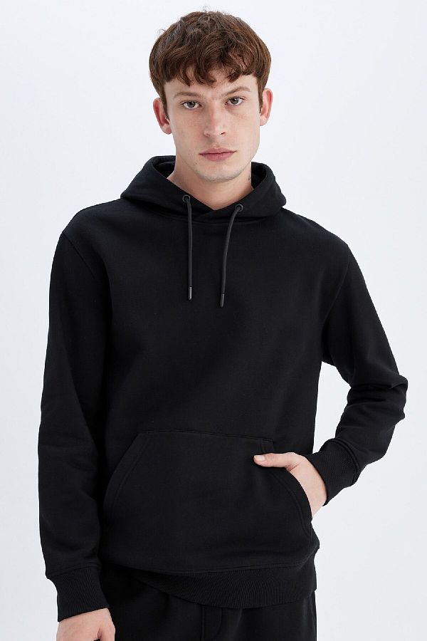 DeFacto-Soft Feather Basic Sweatshirt with Hood - Kangaroo Pocket, Regular Fit X8283Az24Au 1