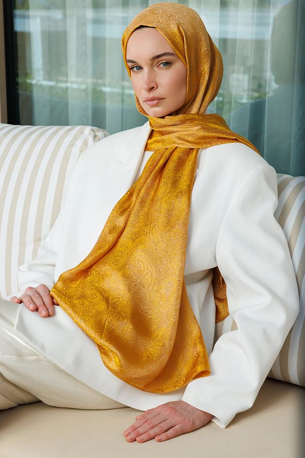 Mooncorn-Moren Pattern Shine Line Shawl Mink-Mustard 1