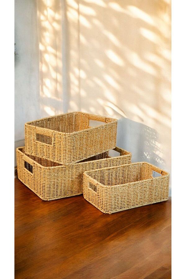 Bayev-Set of 3 Swiss Wooden Braided Rectangular Presentation Basket 700692   3 Size Rattan Wicker Set Towel Holder Decorative 1