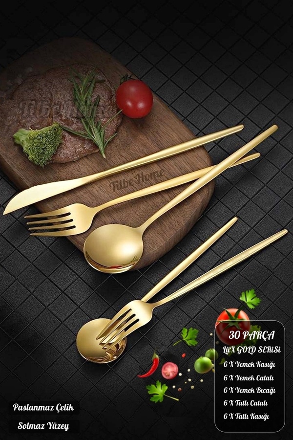 Tilbe Home-Luxury 30-Piece Gold Cutlery Spoon Knife Set Stainless Steel Service Dowry Kit Glossy Smooth Steel 1
