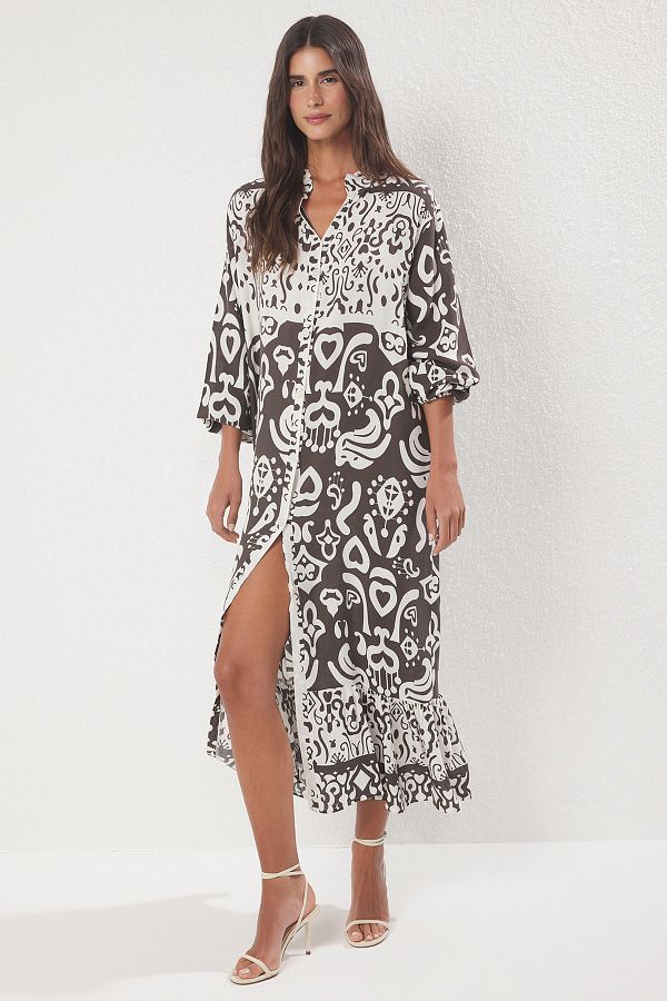 Trendyol Collection-Коричнева широка приталена ткана сукня міді з облягаючим візерунком TWOSS24EL01019 1