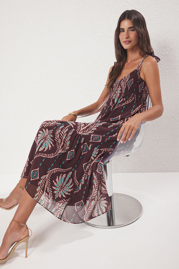 Trendyol Collection-Brauner Schal-Muster-Rock, gewebtes Maxikleid mit Gips an der Taille 1