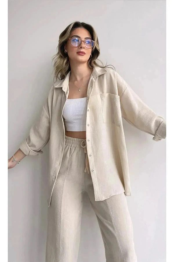 Zoe Zoe-Cămașă din in două piese pentru femei, pantaloni, costum de jos, cu șnur 1