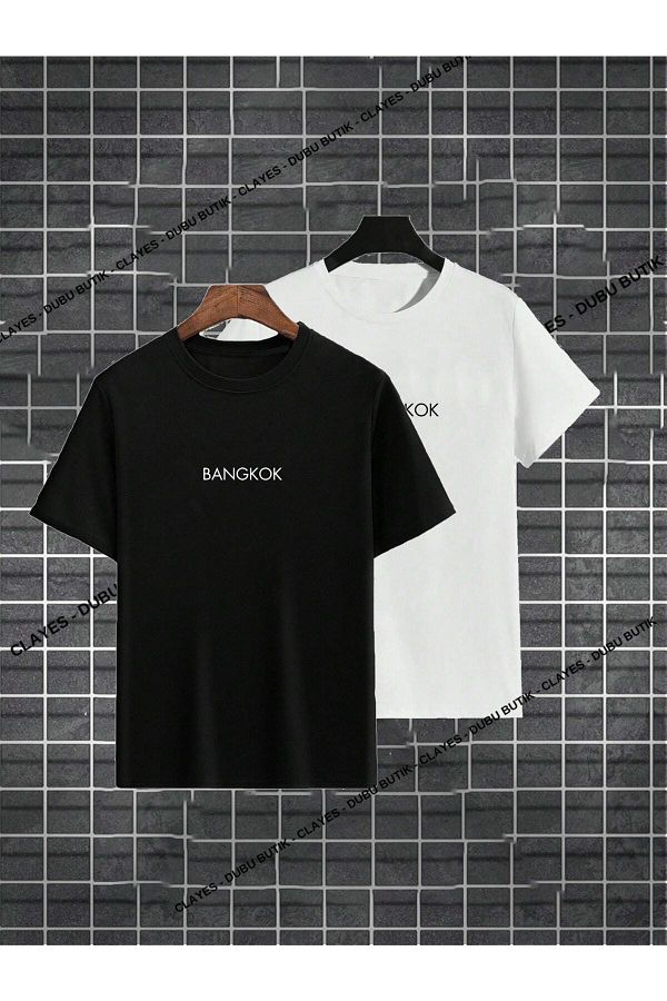 CLAYES-Bangkok Printed 2-Piece T-Shirt Set - Black and White, Oversize, Crew Neck 1