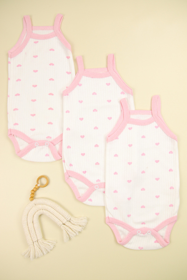 Lindakids Fitilli Kumaş % 100 Pamuk Kalp Desenli İp Askılı Çıtçıtlı 3'lü Kız Bebek Body/Zıbın