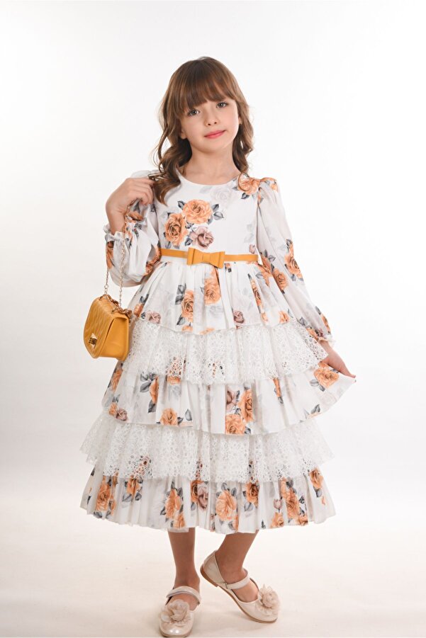 MIALORA EXCLUSİVE By Emel Ebru Özdemir Çiçekli ve Çantalı Kat Kat Uzun Kız Çocuk Elbisesi ,Kemerli Kız Çocuk Elbise, Doğum Günü Elbisesi