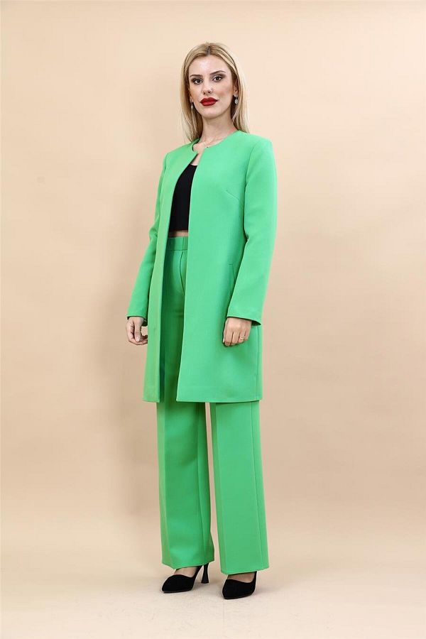 ÖNDER ÖZSOY-Plus Size - Solid Jacket & Wide Leg Pants Set-Green 1