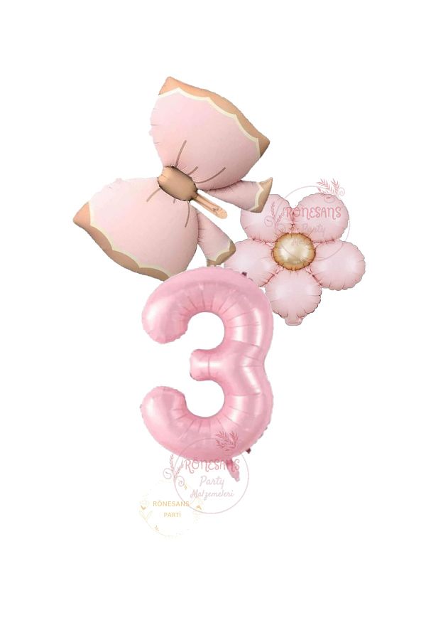 RÖNESANS PARTİ-Renaissance Pink Color Bow Daisy and Number Foil Balloon Set Age 3 1