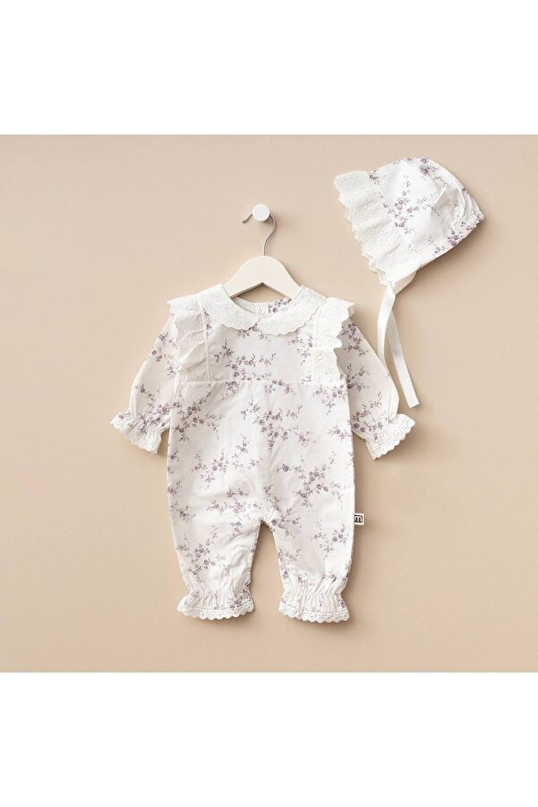 Minimus Yenidoğan Kız Bebek Pamuklu Çiçekli Tulum Terikoton Dantelli Lora Şapkalı Dokuma Tulum Hastene Çıkış