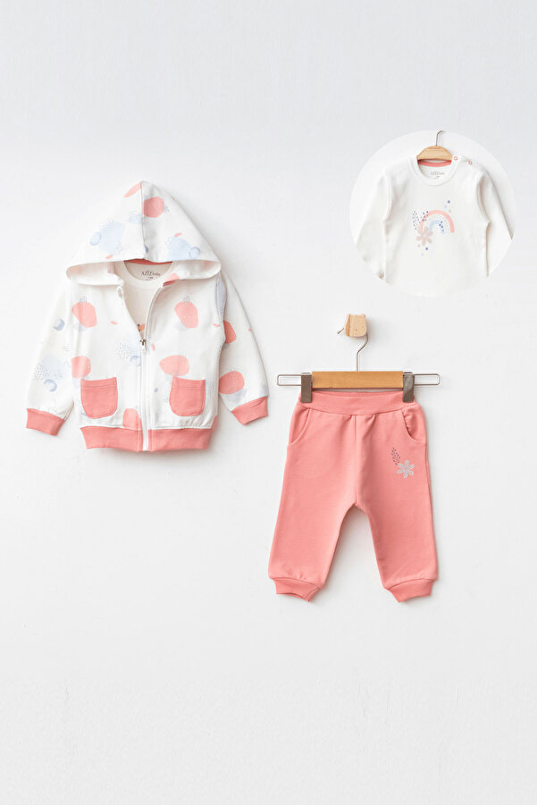 Aziz Bebe Kız Bebek Çiçek Desenli Sweatshirt Pantolon T-shirt 3'lü Alt Üst Bebek Takımı 3 Ay-36 Ay