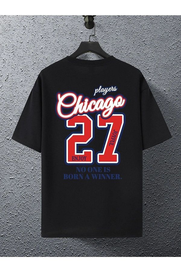 VBSVİBES-Unisex Black Oversize 27 Chicago Printed Knitted T-shirt 1