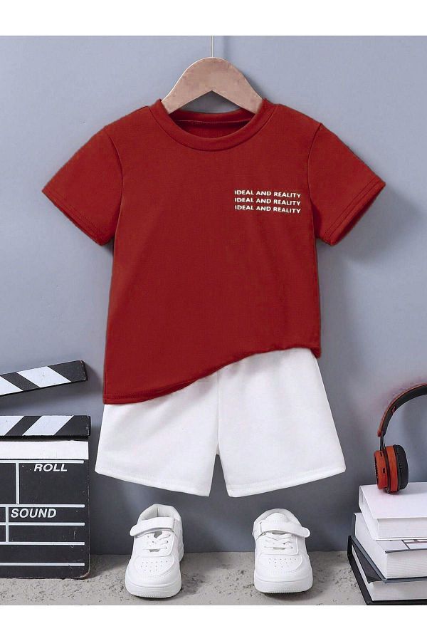 DUBU BUTİK-Set copii din bumbac - tricou roșu și pantaloni scurți albi, imprimat fete băieți vară decolteu 1