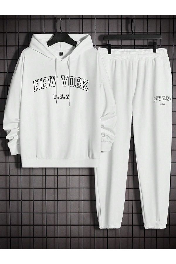 VBSVİBES-New York U.S.A Tracksuit Set Sweatshirt Jogger - White Printed Oversize Drawstring Hoodie 1