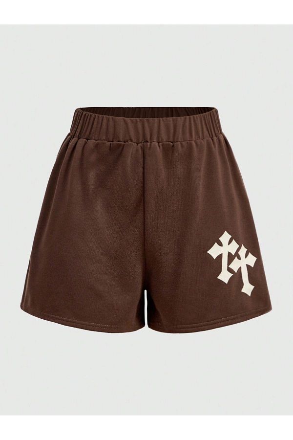CLAYES-Cross Pattern Combed Cotton Shorts - Brown Printed Short Without Cord 1