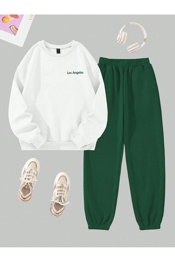 VBSVİBES-White Green CREW NECK Combination Bottom Top Tracksuit Set LOS ANGLES 1