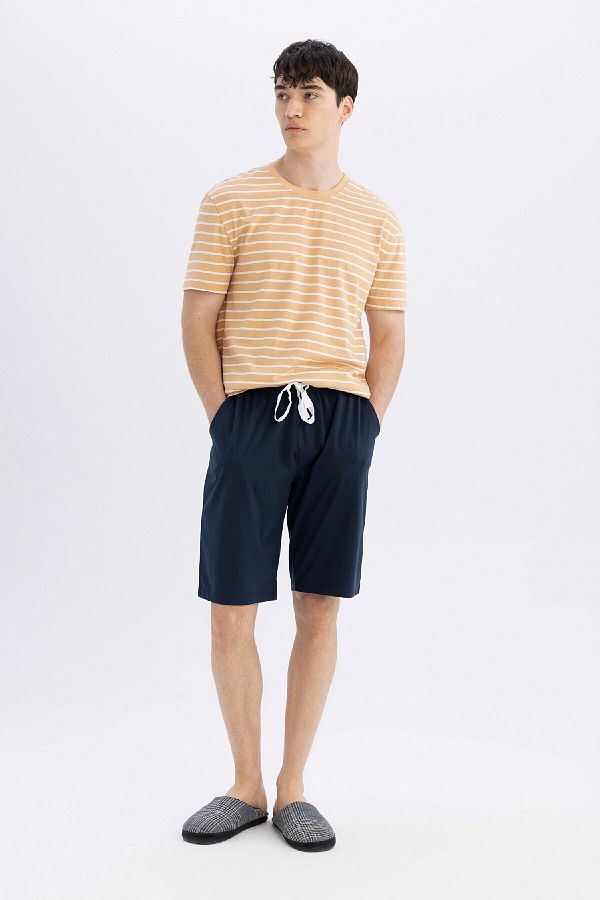 DeFacto-Reguler Length Pajama Set - Short Sleeve Top with Stripe Border and Lace-Up Shorts 1