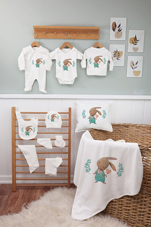 bebeqon 11 Parça Sevimli Tavşan Baskılı Yenidoğan Hastane Çıkışı Seti %100 Pamuk Unisex