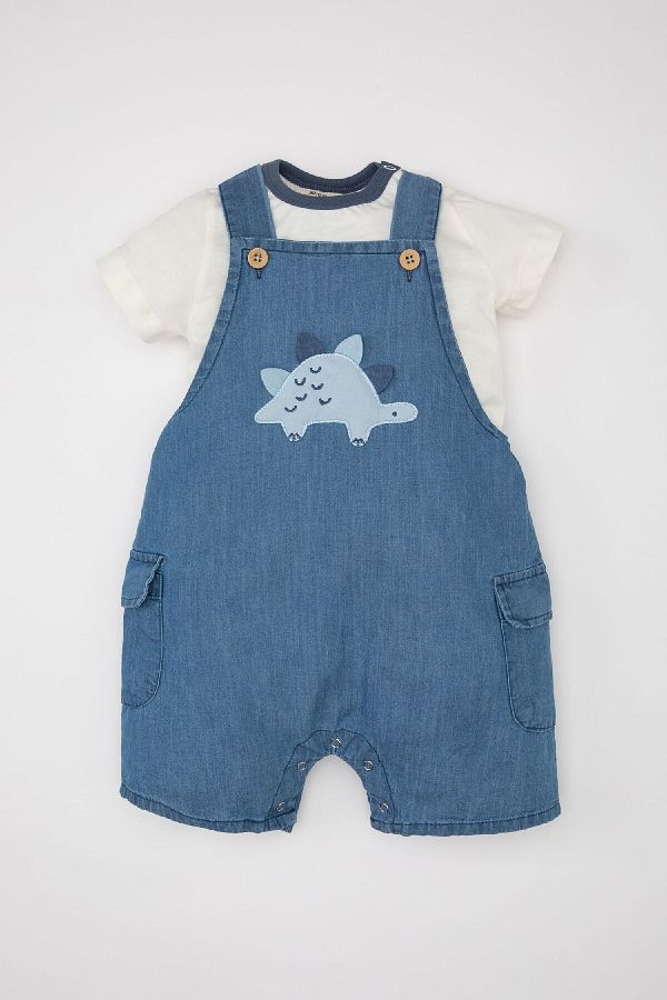 DeFacto-2-teiliges Set mit Dinosaurier-Aufdruck für Babys – Popeline-Kurzarm-T-Shirt und Salopet C2805a524sm 1
