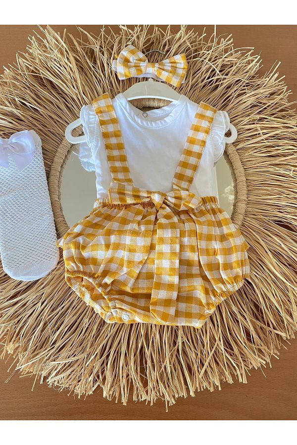 EBRU ÖZÖRGÜCÜ-Girl's Gingham Romper Blouse Bandana and Socks Set 1