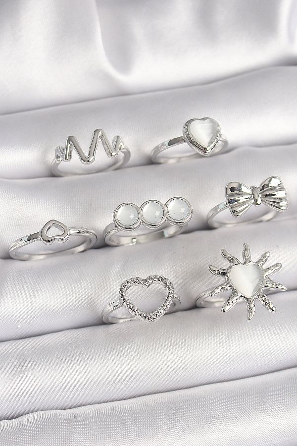 BESKAR-Brass Silver Color White Pearlescent Heart Figure Ribbon Detail Women's Ring Combination 1