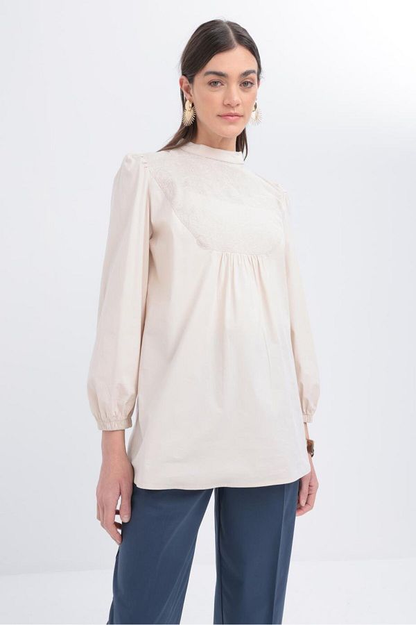 ALLDAY-Poplin Tunic with Stone-Festoon Garnish and Elasticized Sleeves 1