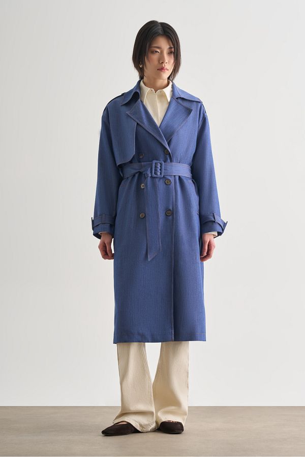 Mizalle-Denim Textured Long Indigo Blue Trench Coat 1