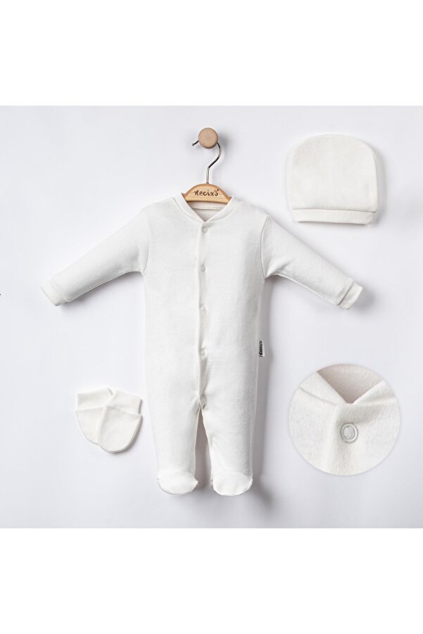 Necix's Kolej Yaka Çıtçıtlı Şapkalı Eldivenli Üçlü Tulum Beyaz