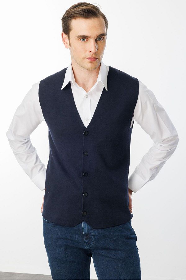 Desen Triko-Tricotaj subțiri pentru bărbați Vestă simplă Albastru închis 1