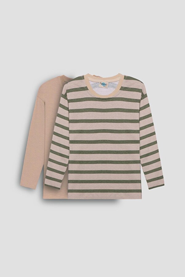 Perendi 2'li Bisiklet Yaka Uzun Kollu Çizgili Ve Düz Unisex Çocuk Tshirt Haki Bej-bej
