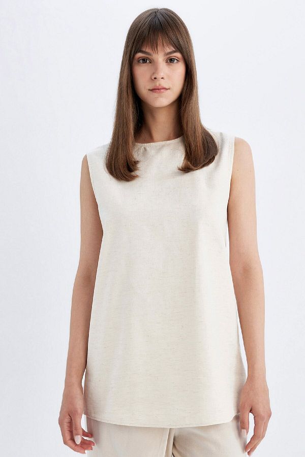 DeFacto-Regular Fit Rundhalsausschnitt Basic Plain Leinen-Mischung ärmellose Tunika D2953ax24hs 1