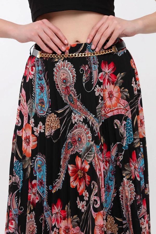 Modabenna-Patterned Lined Pleated Chiffon Skirt with Elastic Waist Pleated 1