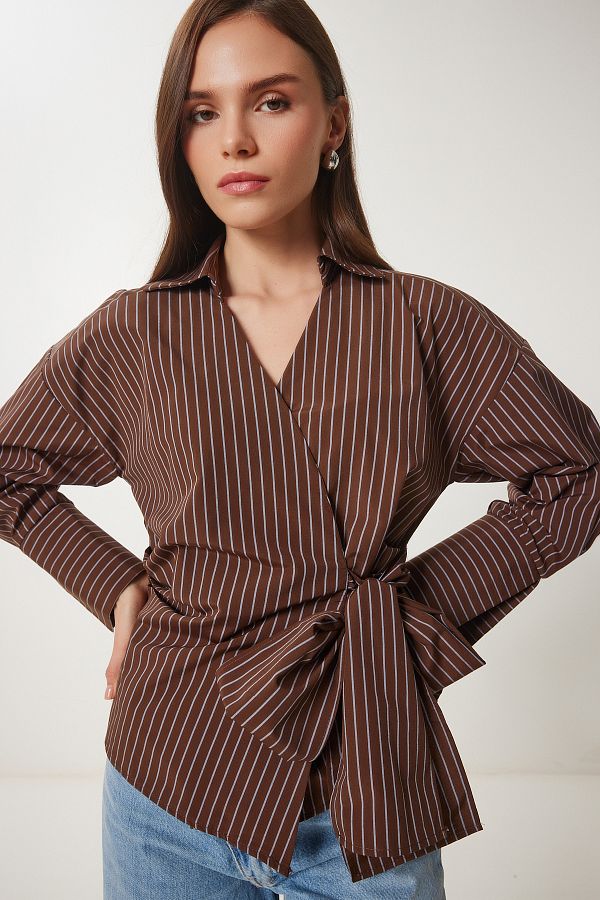 Happiness İstanbul-Women's Brown Striped Shirt Poplin Blouse Us00962 1