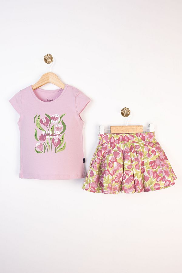 Miniworld-Summer Printed Short Sleeve Floral Pattern Pleated Cotton Comfortable Casual Baby Girl Suit 1