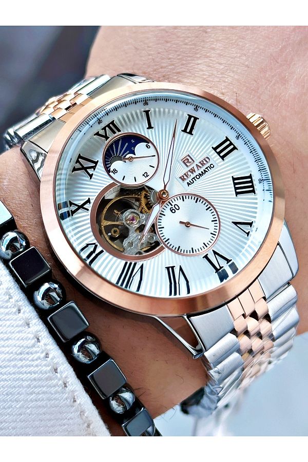 Reward-Rose Gold Silver Color Automatic Mechanism Roman Numeral Men Wrist Watch + Bracelet 1