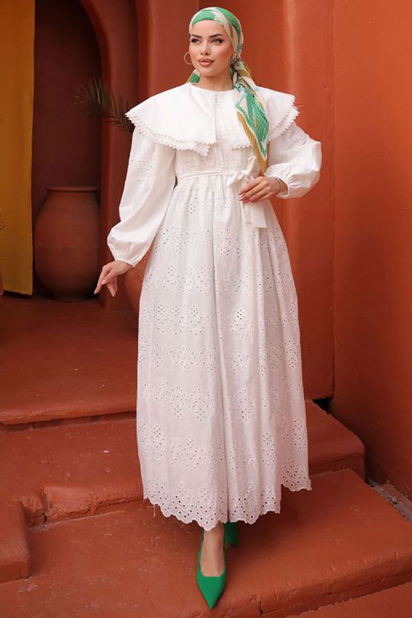 giyze-Collar Detailed Lace Dress White 1421 1