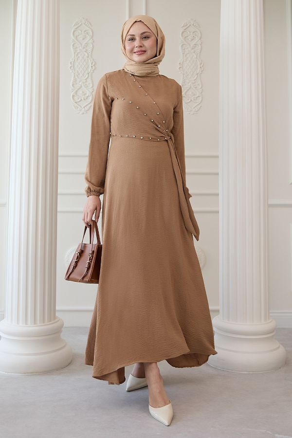 InStyle-Pearl Front Tie Camel Ayrobin Dress 1