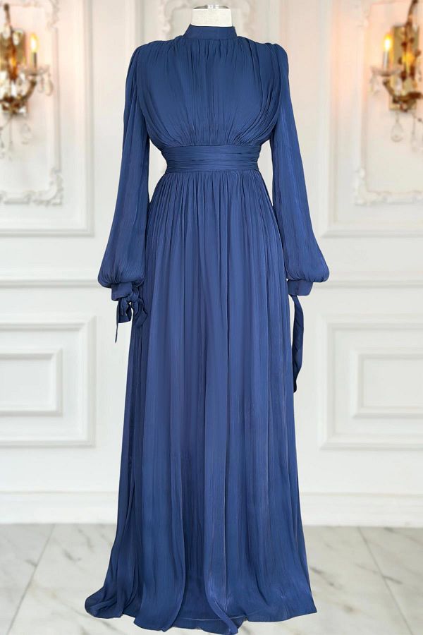 Amine Hüma-Navy Blue Nida Evening Dress 1