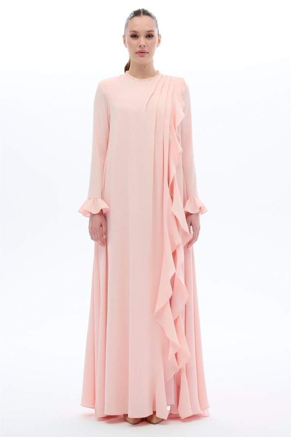 miha Hicran Önal Frill Dress with V-Cut Front Size Powder