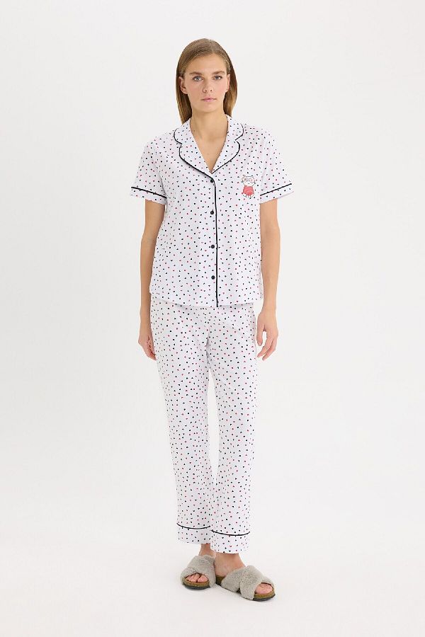 DeFacto-Pajama Set Short Sleeve Button Top Flexible Waisted Long Bottom-Fall in Love D8455Ax25Sp 1