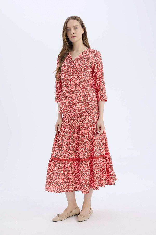 DeFacto-Regular Fit Floral Patterned Flexible Waisted Midi Skirt E5958Ax25Sp 1