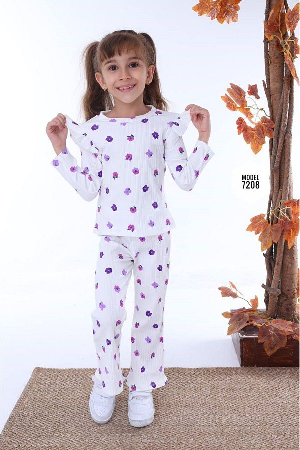 yagmurgiyim-Pjk2İ Violet Patterned Girl's Set - Ecru Corded 2 Strings 100% Cotton 3-10 Years 7208-E 1