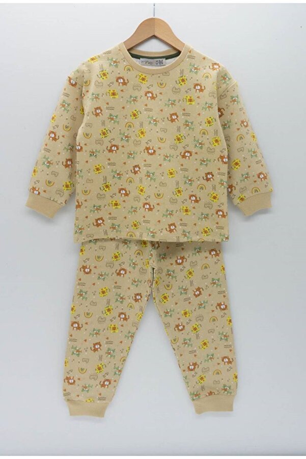 yagmurgiyim İSOB Kedicik Desen Bej 2ip Fırçalı Kumaş %100 Pamuk Unisex Çocuk Pijama Takımı 3-8 Yaş 12213-B