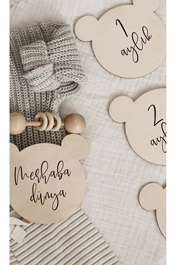 acargrafik Ahşap Ayıcık Şekilli Aylık Bebek Fotoğraf Çekim Kartları – 1-12 Ay