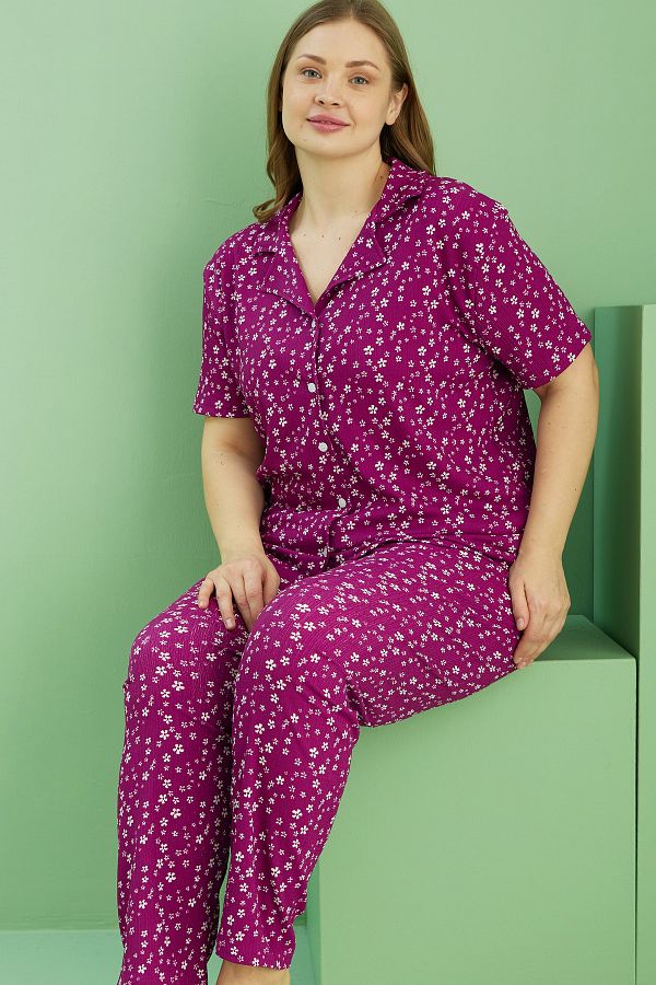 Siyah İnci-Cherry Pattern Bürünçük Krın/Gpl Large Size Oversize Buttoned Pajama Set 1