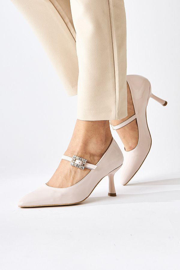 Limoya-Maria Beige Patent Leather Buckle Women's Heeled Shoes 1