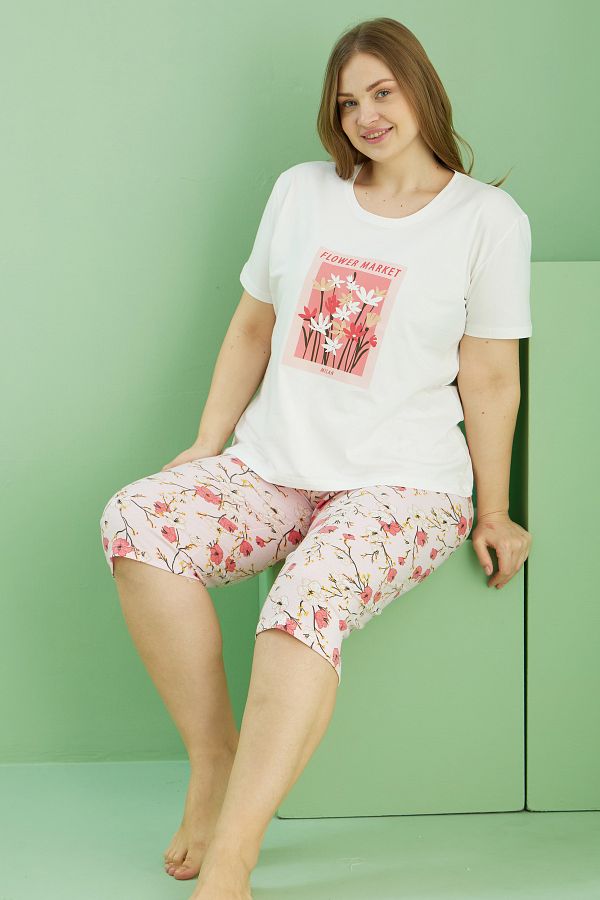Siyah İnci-Ecru Patterned Curve Large Size Oversize Cotton Capri Suit 25112730 1